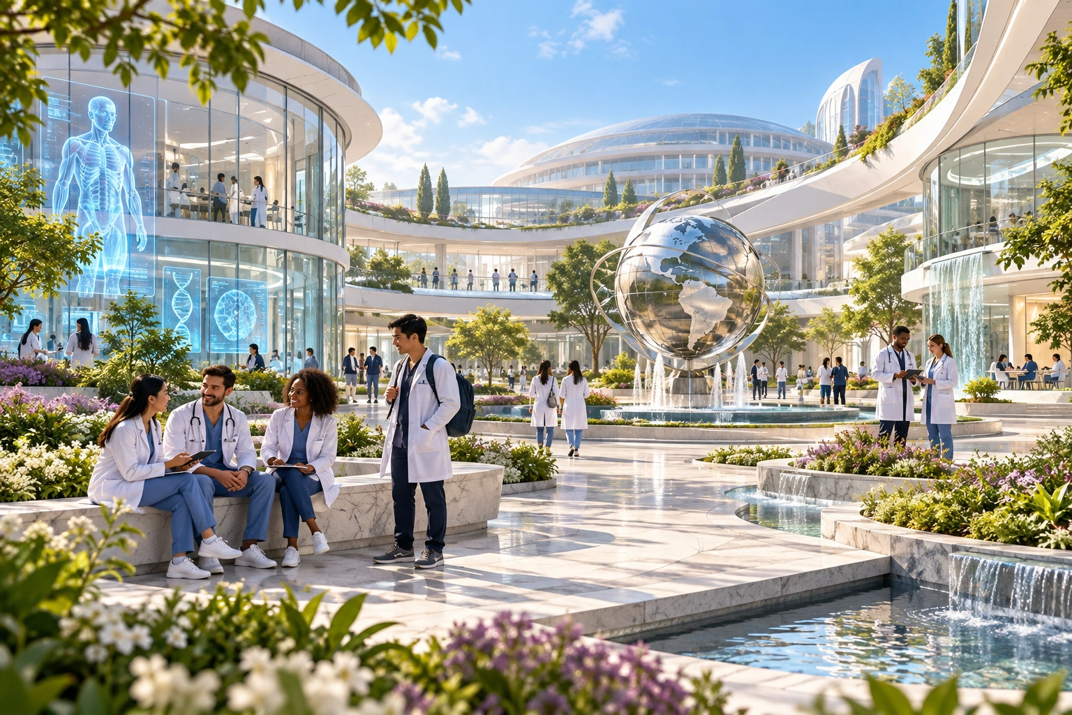 Students walking across a virtual medical campus