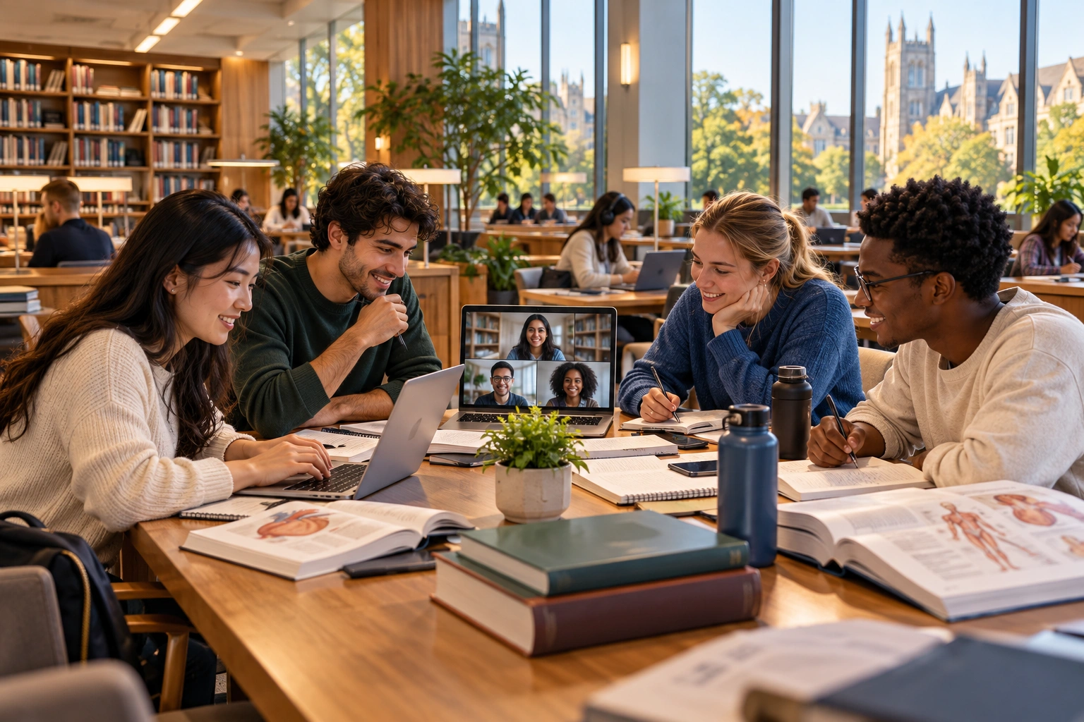 Medical students studying together in an academic library